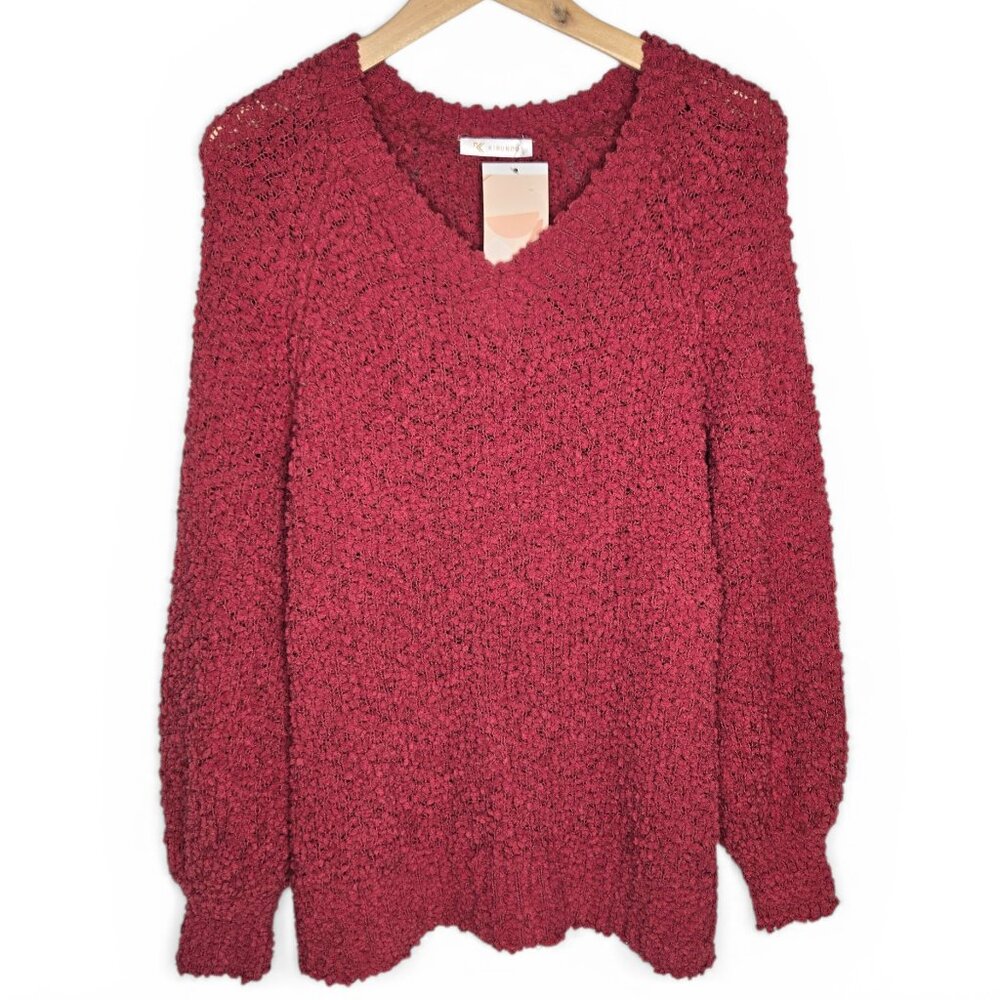 NWT Kirundo Popcorn V Neck‎ Sweater Women Coral Red Stretchy Comfy S
